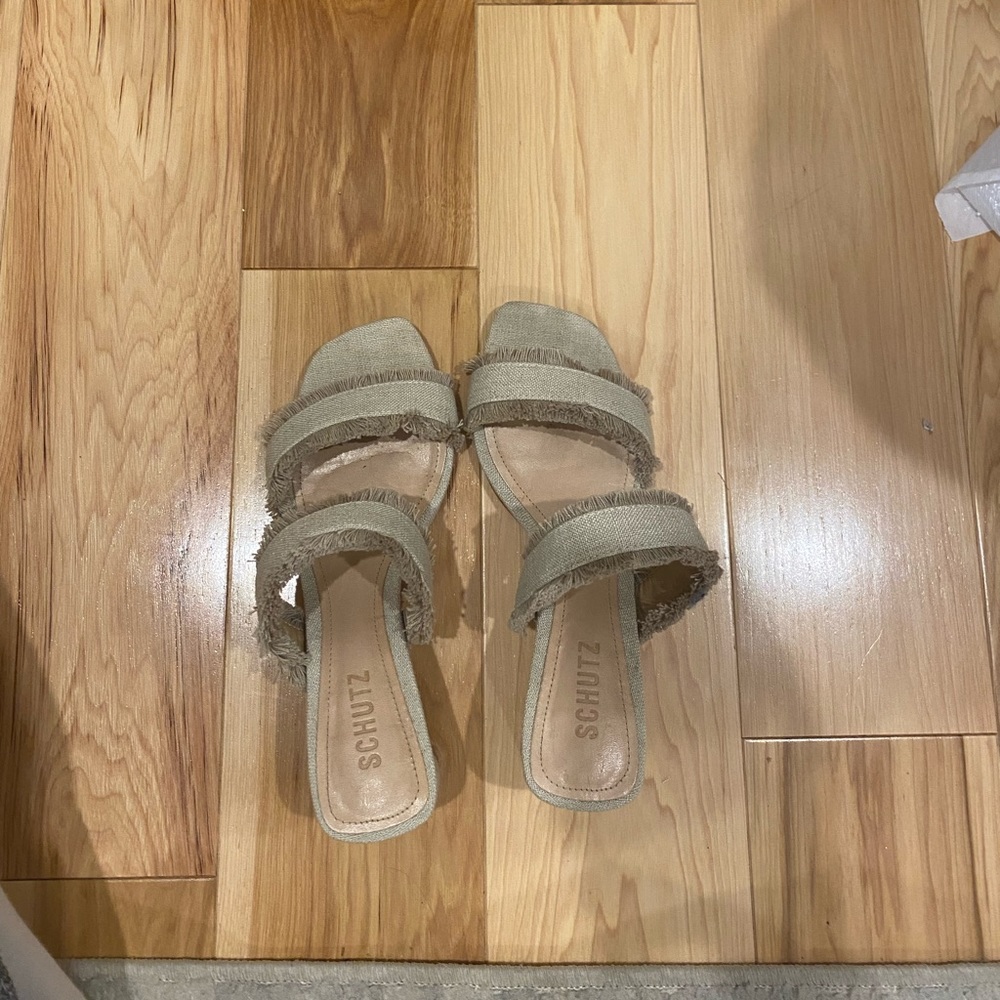SCHUTZ Tan Frayed Heeled Sandals
